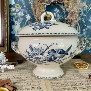 Sarreguemines「Favori」青い鳥モチーフのアンティーク蓋付きスーピエール